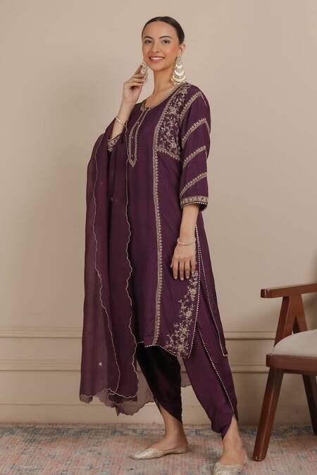 Nemaani_Purple Silk, Modal, Cotton Cut Work, Gota Ethnic Motif Kurta Dhoti Pant Set _Online_at_Aza_Fashions