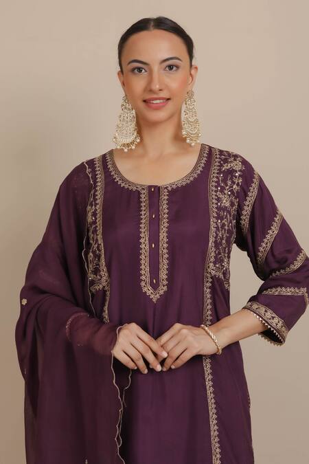 Buy_Nemaani_Purple Silk, Modal, Cotton Cut Work, Gota Ethnic Motif Kurta Dhoti Pant Set _Online_at_Aza_Fashions