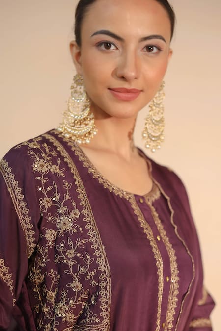 Shop_Nemaani_Purple Silk, Modal, Cotton Cut Work, Gota Ethnic Motif Kurta Dhoti Pant Set _Online_at_Aza_Fashions