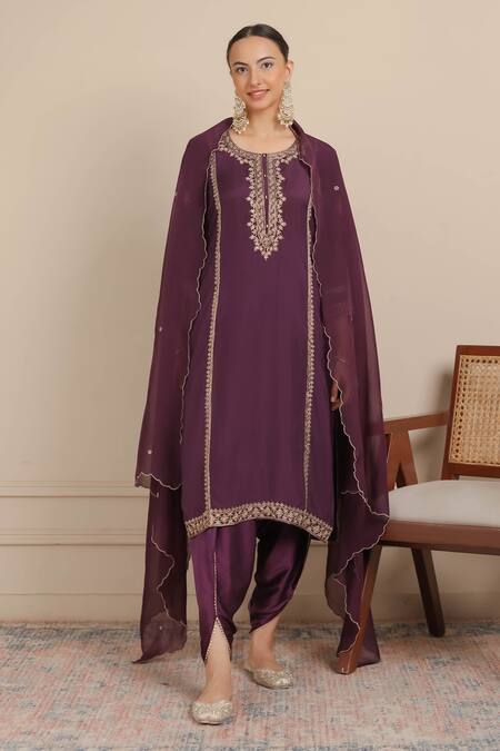 Buy_Nemaani_Purple Silk, Modal, Cotton Cut Work, Ethnic Motif Straight Kurta Dhoti Pant Set _Online_at_Aza_Fashions