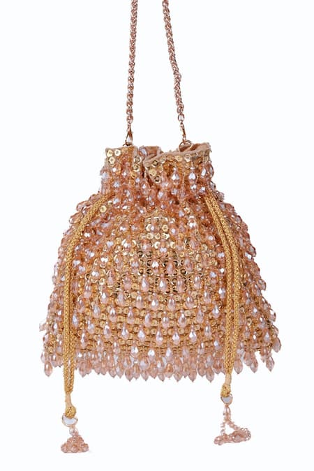 Shop House Of Kosha Gold Sequins, Beads Haya Crystal Embellished Potli Bag at Aza Fashions Shop_House Of Kosha_Gold Sequins, Beads Haya Crystal Embellished Potli Bag _at_Aza_Fashions