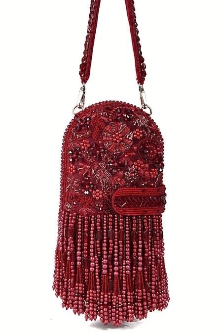 Shop House Of Kosha Maroon Cut Work, Beads Azmat Crystal Embellished Capsule Bag at Aza Fashions Shop_House Of Kosha_Maroon Cut Work, Beads Azmat Crystal Embellished Capsule Bag _at_Aza_Fashions
