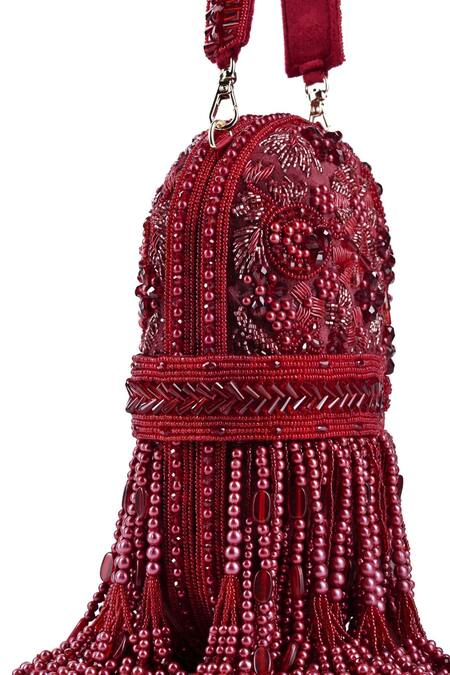 House Of Kosha Maroon Cut Work, Beads Azmat Crystal Embellished Capsule Bag Online at Aza Fashions House Of Kosha_Maroon Cut Work, Beads Azmat Crystal Embellished Capsule Bag _Online_at_Aza_Fashions