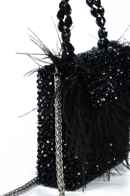 House Of Kosha Black Feathers, Crystals Natali And Embellished Mini Bag Online at Aza Fashions House Of Kosha_Black Feathers, Crystals Natali And Embellished Mini Bag _Online_at_Aza_Fashions