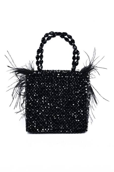 House Of Kosha Black Feathers, Crystals Natali And Embellished Mini Bag at Aza Fashions House Of Kosha_Black Feathers, Crystals Natali And Embellished Mini Bag _at_Aza_Fashions