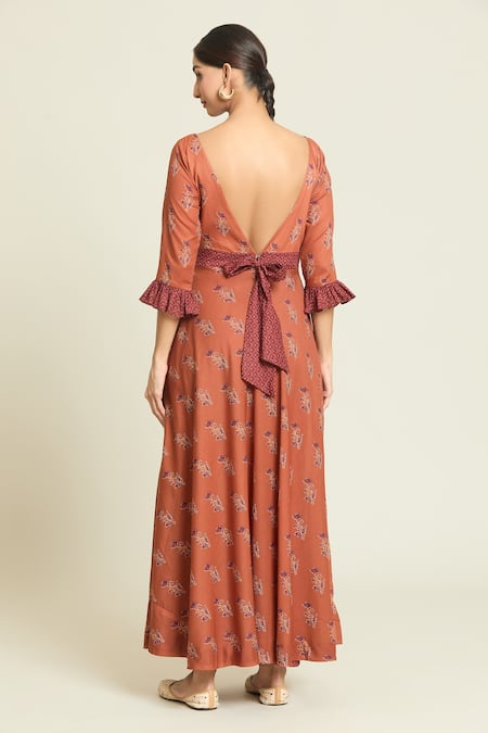 Shop_Samyukta Singhania_Brown Cotton, Silk Organza Embroidery V-neck Floral Print Anarkali Pant Set _at_Aza_Fashions
