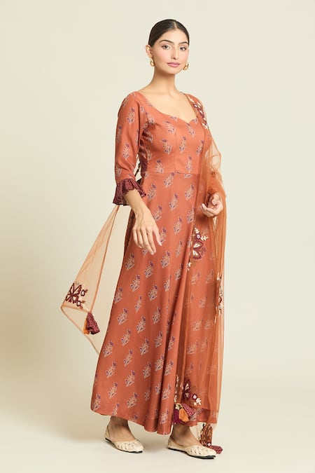 Shop_Samyukta Singhania_Brown Cotton, Silk Organza Embroidery V-neck Floral Print Anarkali Pant Set _Online_at_Aza_Fashions