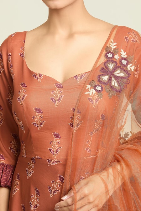 Buy_Samyukta Singhania_Brown Cotton, Silk Organza Embroidery V-neck Floral Print Anarkali Pant Set 