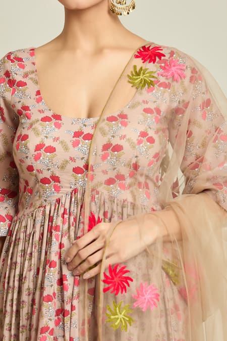 Buy Samyukta Singhania Ivory Cotton, Net Embroidery Scoop Neck Floral Print Gathered Anarkali Pant Set Online at Aza Fashions Buy_Samyukta Singhania_Ivory Cotton, Net Embroidery Scoop Neck Floral Print Gathered Anarkali Pant Set _Online_at_Aza_Fashions