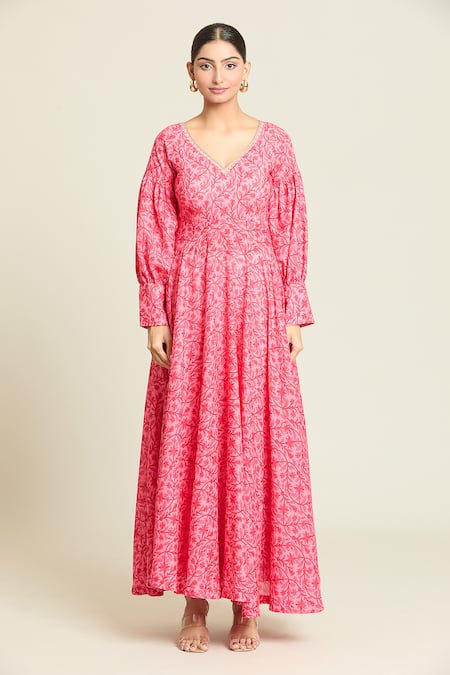 Naintara Bajaj_Pink Cotton, Net Embroidery V-neck Floral Vine Print Anarkali Pant Set _Online_at_Aza_Fashions