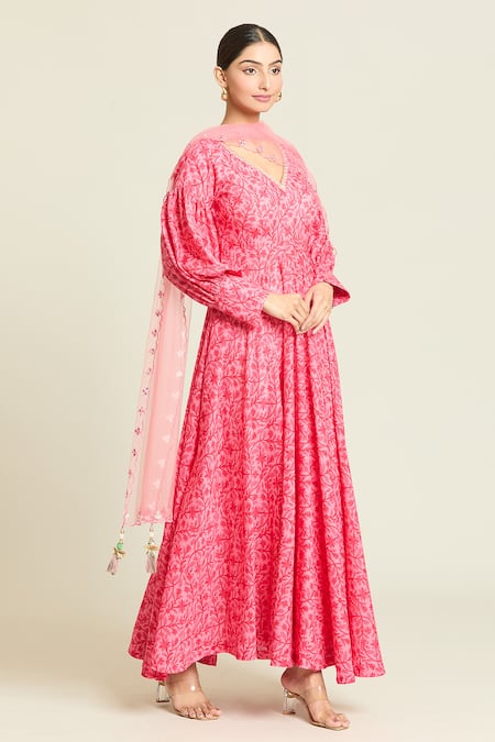 Shop_Naintara Bajaj_Pink Cotton, Net Embroidery V-neck Floral Vine Print Anarkali Pant Set _Online_at_Aza_Fashions
