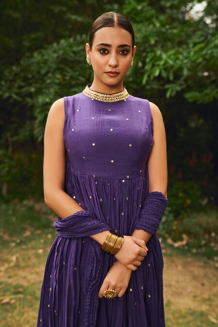 Almaari By Pooja Patel Purple Chanderi, Silk Mirrors, Pearls, Tassels Zinnia Embroidered Anarkali Set Online at Aza Fashions Almaari By Pooja Patel_Purple Chanderi, Silk Mirrors, Pearls, Tassels Zinnia Embroidered Anarkali Set _Online_at_Aza_Fashions