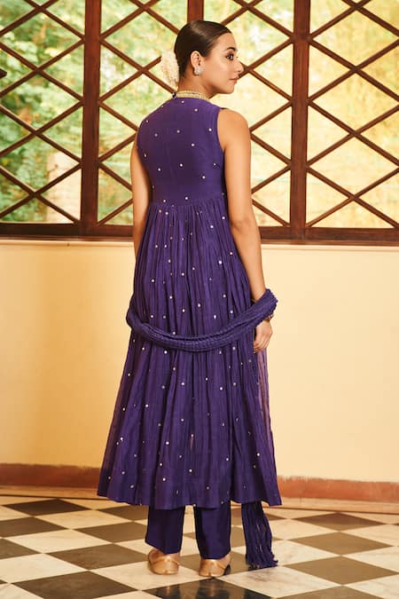Shop Almaari By Pooja Patel Purple Chanderi, Silk Mirrors, Pearls, Tassels Zinnia Embroidered Anarkali Set at Aza Fashions Shop_Almaari By Pooja Patel_Purple Chanderi, Silk Mirrors, Pearls, Tassels Zinnia Embroidered Anarkali Set _at_Aza_Fashions