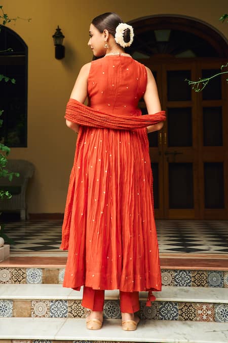 Shop Almaari By Pooja Patel Red Chanderi, Silk Tassels, Embroidery Round Zinnia Mirror Anarkali Pant Set at Aza Fashions Shop_Almaari By Pooja Patel_Red Chanderi, Silk Tassels, Embroidery Round Zinnia Mirror Anarkali Pant Set _at_Aza_Fashions