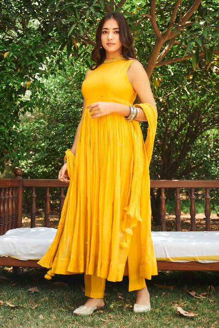 Almaari By Pooja Patel Yellow Chanderi Mirrors, Pearls, Zinnia Scattered Embroidered Anarkali Set Online at Aza Fashions Almaari By Pooja Patel_Yellow Chanderi Mirrors, Pearls, Zinnia Scattered Embroidered Anarkali Set _Online_at_Aza_Fashions