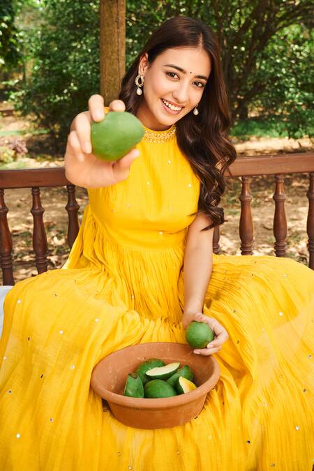 Buy Almaari By Pooja Patel Yellow Chanderi Mirrors, Pearls, Zinnia Scattered Embroidered Anarkali Set Online at Aza Fashions Buy_Almaari By Pooja Patel_Yellow Chanderi Mirrors, Pearls, Zinnia Scattered Embroidered Anarkali Set _Online_at_Aza_Fashions