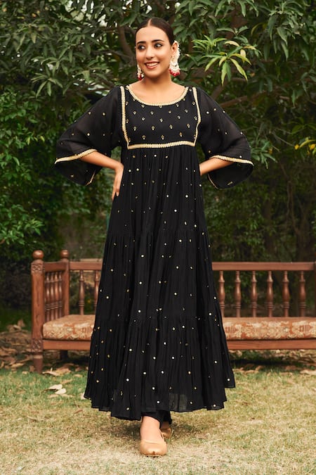 Almaari by Pooja Patel Black Anarkali Soft Chanderi Embroidered Mirror Boat Neck Gulmohar Tiered Set 