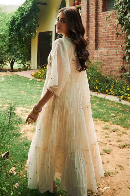 Shop_Almaari By Pooja Patel_Ivory Chanderi, Silk Mirrors, Pearls Boat Neck Gulmohar Tiered Anarkali Pant Set _at_Aza_Fashions