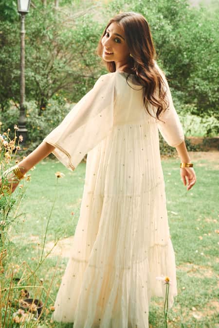 Almaari By Pooja Patel_Ivory Chanderi, Silk Mirrors, Pearls Boat Neck Gulmohar Tiered Anarkali Pant Set _Online_at_Aza_Fashions