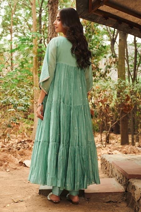 Shop_Almaari By Pooja Patel_Green Chanderi, Silk Mirrors, Pearls Boat Gulmohar Embroidered Anarkali Set _at_Aza_Fashions