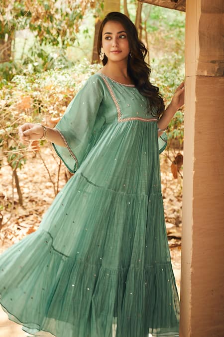 Buy_Almaari By Pooja Patel_Green Chanderi, Silk Mirrors, Pearls Boat Gulmohar Embroidered Anarkali Set _Online_at_Aza_Fashions