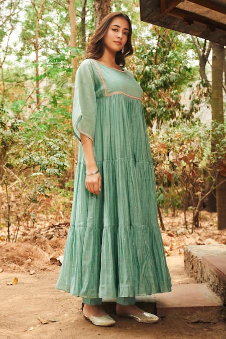 Shop_Almaari By Pooja Patel_Green Chanderi, Silk Mirrors, Pearls Boat Gulmohar Embroidered Anarkali Set _Online_at_Aza_Fashions
