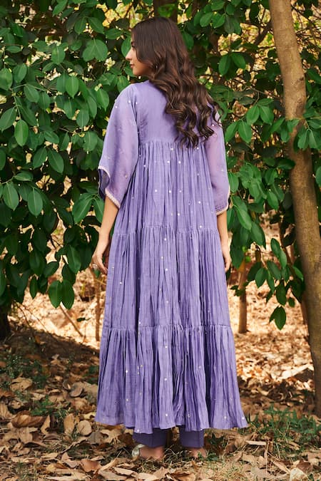 Shop_Almaari By Pooja Patel_Purple Chanderi, Silk Mirrors, Pearls, Embroidery Gulmohar Anarkali Pant Set _at_Aza_Fashions