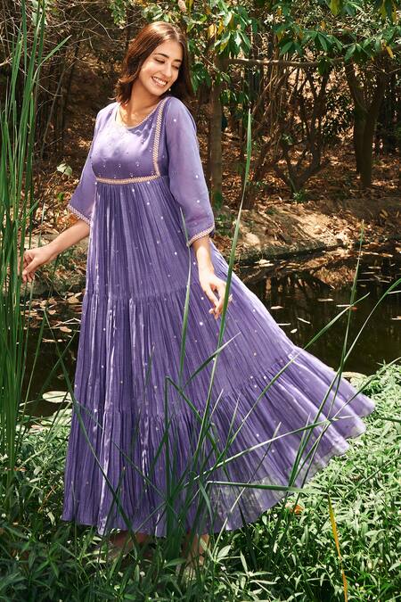 Almaari By Pooja Patel_Purple Chanderi, Silk Mirrors, Pearls, Embroidery Gulmohar Anarkali Pant Set _Online_at_Aza_Fashions