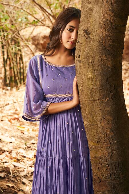 Shop_Almaari By Pooja Patel_Purple Chanderi, Silk Mirrors, Pearls, Embroidery Gulmohar Anarkali Pant Set _Online_at_Aza_Fashions