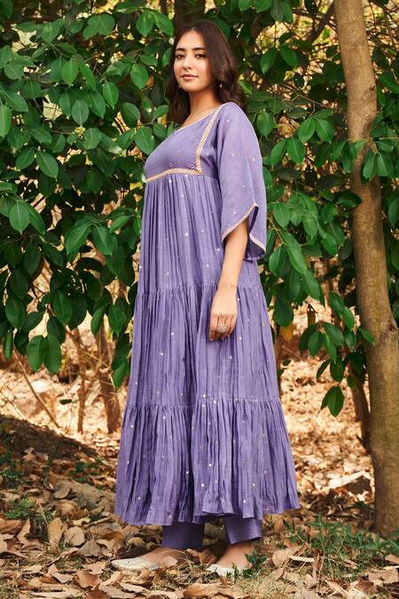 Almaari By Pooja Patel_Purple Chanderi, Silk Mirrors, Pearls, Embroidery Gulmohar Anarkali Pant Set _at_Aza_Fashions