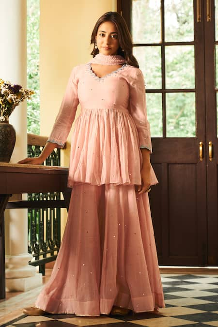 Almaari by Pooja Patel Peach Anarkali Soft Chanderi Embroidered Mirror V Neck Kumud Sharara Set 