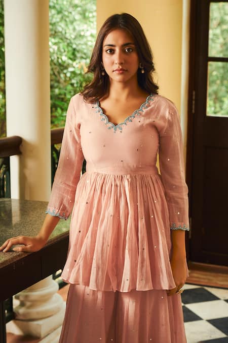 Almaari By Pooja Patel_Peach Chanderi, Silk Mirrors, Pearls, Cut Work, Embroidery Kumud Sharara Set _Online_at_Aza_Fashions