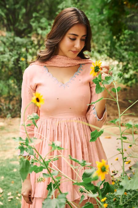 Shop_Almaari By Pooja Patel_Peach Chanderi, Silk Mirrors, Pearls, Cut Work, Embroidery Kumud Sharara Set _Online_at_Aza_Fashions