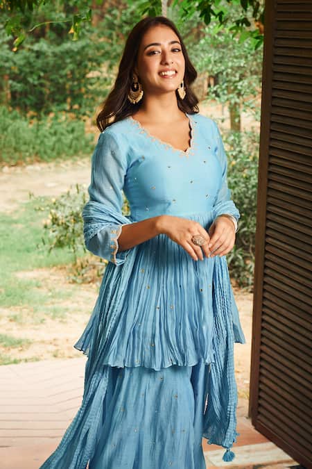 Buy_Almaari By Pooja Patel_Blue Chanderi, Silk Mirrors, Cut Work, Kumud Embroidered Kurta Sharara Set _Online_at_Aza_Fashions