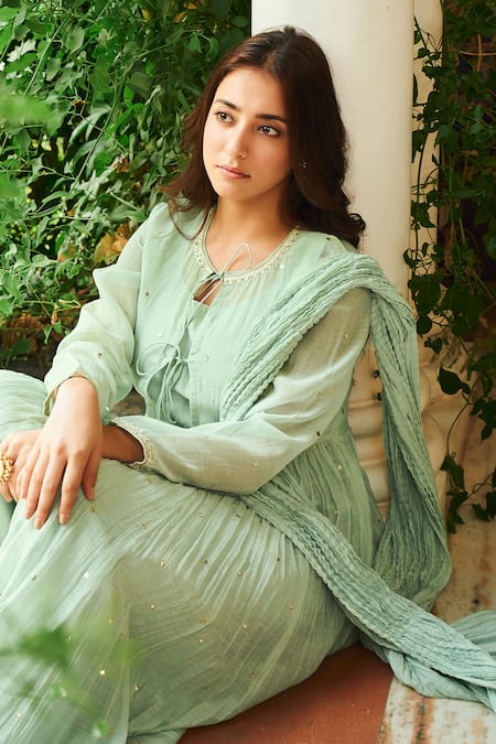 Almaari By Pooja Patel_Green Chanderi Mirrors, Pearls, Tassels Kamini Embroidered Anarkali Set _Online_at_Aza_Fashions