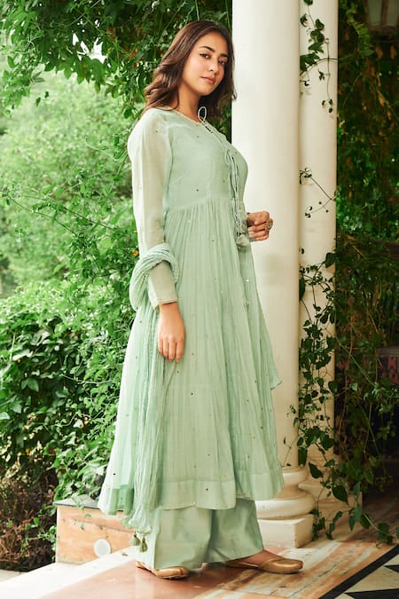 Buy_Almaari By Pooja Patel_Green Chanderi Mirrors, Pearls, Tassels Kamini Embroidered Anarkali Set _Online_at_Aza_Fashions