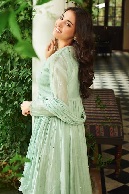 Shop_Almaari By Pooja Patel_Green Chanderi Mirrors, Pearls, Tassels Kamini Embroidered Anarkali Set _Online_at_Aza_Fashions