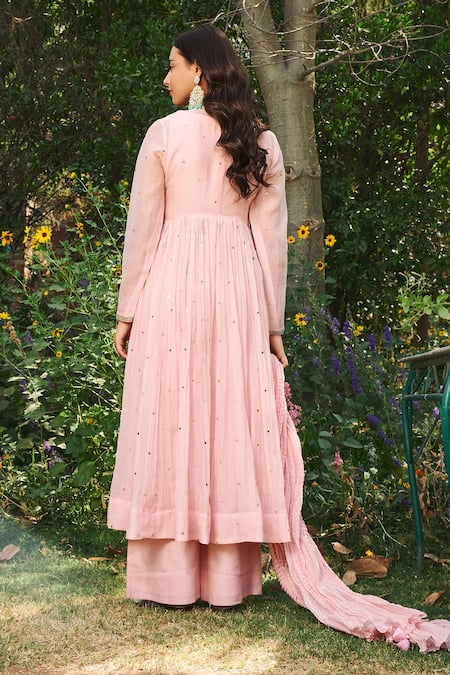 Shop_Almaari By Pooja Patel_Pink Chanderi Tassels, Embroidery Kamini Mirror Palazzo Set _at_Aza_Fashions