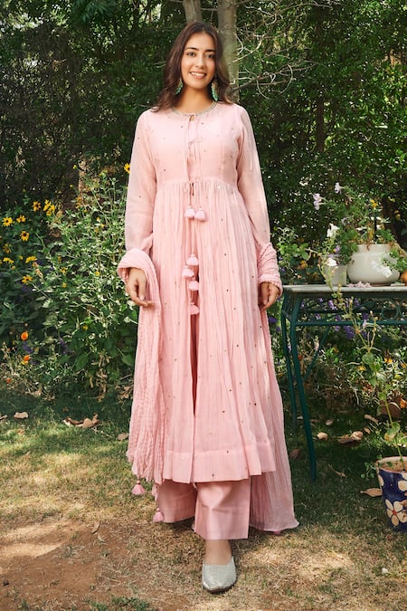 Almaari By Pooja Patel_Pink Chanderi Tassels, Embroidery Kamini Mirror Palazzo Set _Online_at_Aza_Fashions