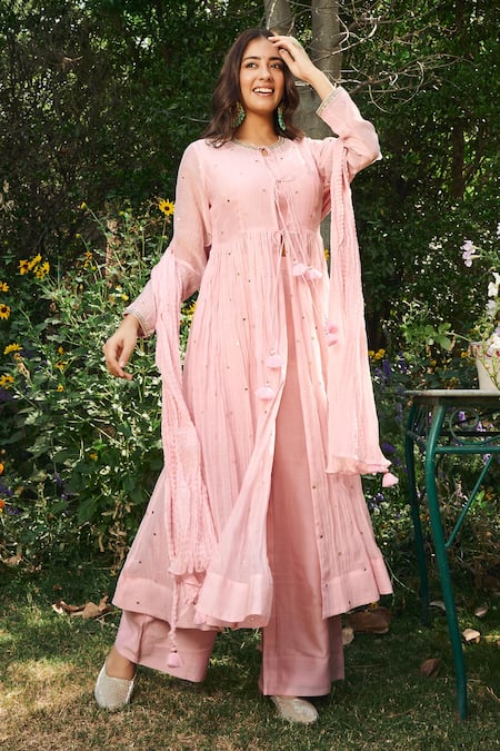 Buy_Almaari By Pooja Patel_Pink Chanderi Tassels, Embroidery Kamini Mirror Palazzo Set _Online_at_Aza_Fashions