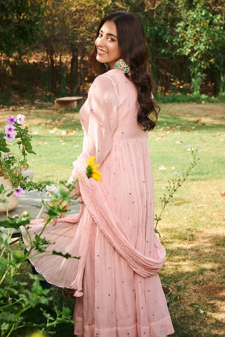 Almaari By Pooja Patel_Pink Chanderi Tassels, Embroidery Kamini Mirror Palazzo Set _at_Aza_Fashions