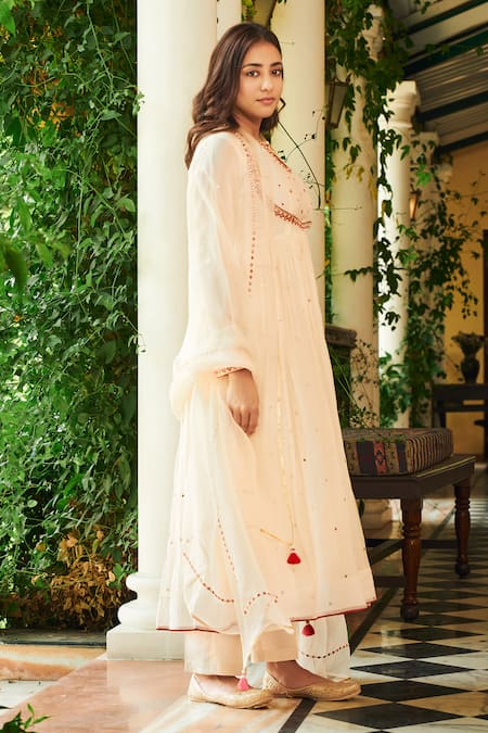 Shop_Almaari By Pooja Patel_Ivory Chanderi, Organza, Silk Tassels, Pearls, Parijat Mirror Anarkali Set _at_Aza_Fashions