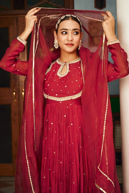 Shop Almaari By Pooja Patel Red Chanderi, Organza, Silk Mirrors, Parijat Scattered Embroidered Anarkali Set at Aza Fashions Shop_Almaari By Pooja Patel_Red Chanderi, Organza, Silk Mirrors, Parijat Scattered Embroidered Anarkali Set _at_Aza_Fashions