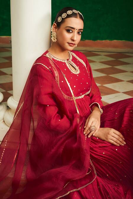 Almaari By Pooja Patel Red Chanderi, Organza, Silk Mirrors, Parijat Scattered Embroidered Anarkali Set Online at Aza Fashions Almaari By Pooja Patel_Red Chanderi, Organza, Silk Mirrors, Parijat Scattered Embroidered Anarkali Set _Online_at_Aza_Fashions