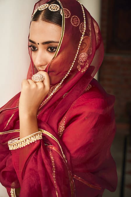 Buy Almaari By Pooja Patel Red Chanderi, Organza, Silk Mirrors, Parijat Scattered Embroidered Anarkali Set Online at Aza Fashions Buy_Almaari By Pooja Patel_Red Chanderi, Organza, Silk Mirrors, Parijat Scattered Embroidered Anarkali Set _Online_at_Aza_Fashions