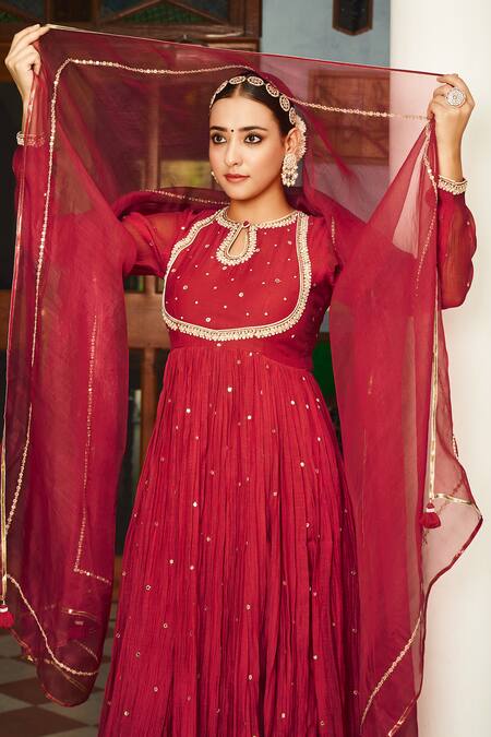 Shop Almaari By Pooja Patel Red Chanderi, Organza, Silk Mirrors, Parijat Scattered Embroidered Anarkali Set Online at Aza Fashions Shop_Almaari By Pooja Patel_Red Chanderi, Organza, Silk Mirrors, Parijat Scattered Embroidered Anarkali Set _Online_at_Aza_Fashions