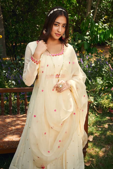 Shop Almaari By Pooja Patel Ivory Chanderi, Silk, Organza Mirrors, Pearls Mogra Embroidered Anarkali Set at Aza Fashions Shop_Almaari By Pooja Patel_Ivory Chanderi, Silk, Organza Mirrors, Pearls Mogra Embroidered Anarkali Set _at_Aza_Fashions