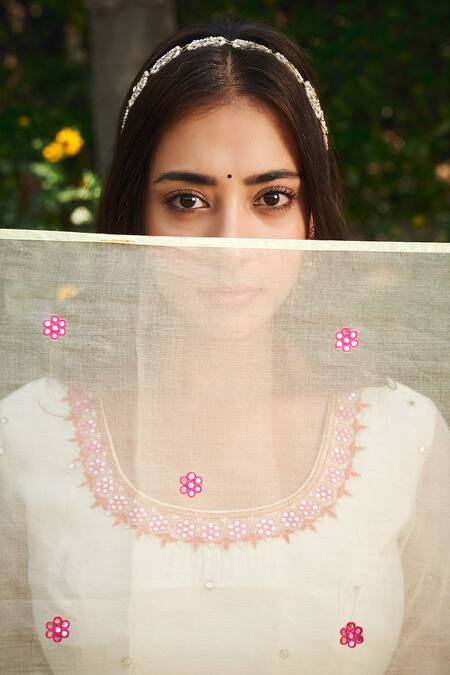 Almaari By Pooja Patel Ivory Chanderi, Silk, Organza Mirrors, Pearls Mogra Embroidered Anarkali Set Online at Aza Fashions Almaari By Pooja Patel_Ivory Chanderi, Silk, Organza Mirrors, Pearls Mogra Embroidered Anarkali Set _Online_at_Aza_Fashions