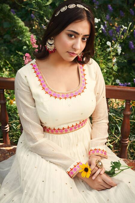 Buy Almaari By Pooja Patel Ivory Chanderi, Silk, Organza Mirrors, Pearls Mogra Embroidered Anarkali Set Online at Aza Fashions Buy_Almaari By Pooja Patel_Ivory Chanderi, Silk, Organza Mirrors, Pearls Mogra Embroidered Anarkali Set _Online_at_Aza_Fashions