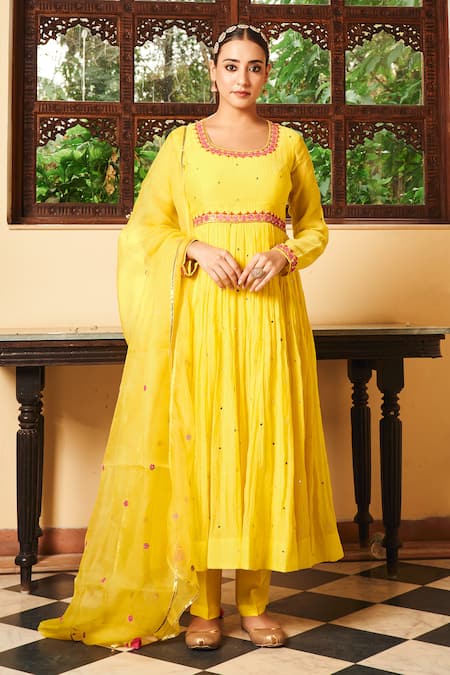 Almaari by Pooja Patel Yellow Anarkali Soft Chanderi Embroidered Mirror Round Mogra Pant Set 